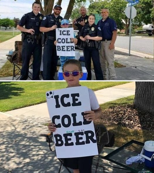 Police are called on boy selling “ice cold beer”—but then they get a closer look at his sign